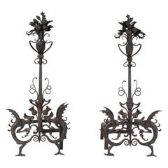 Arts & Crafts Samuel Yellin Style Wrought Iron Dragon Andirons or Fire Dogs
