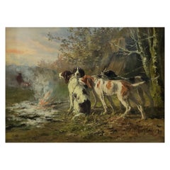Marie Didiere Calves, 20th Century Oil Painting, "Four Brittany Spaniels"