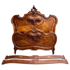 19th century French Louis XV Bed Carved Walnut Rococo European Size with Rails