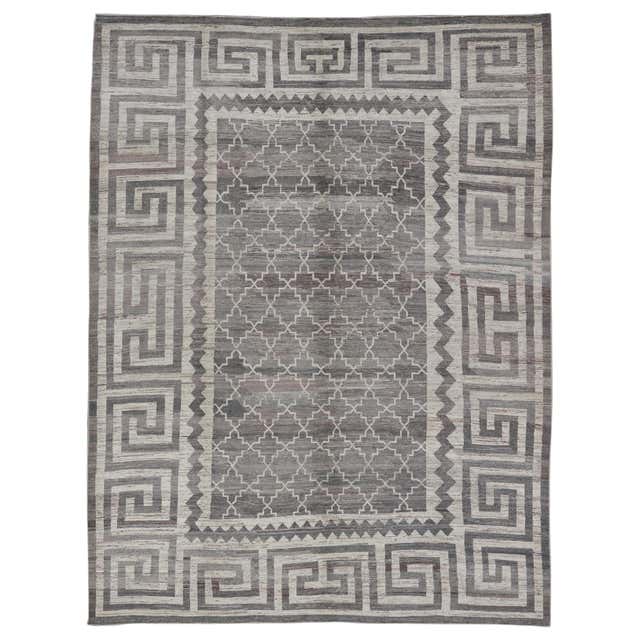 Modern Handmade Blue Greek Key Pattern Beige Oversize Wool Rug For Sale ...