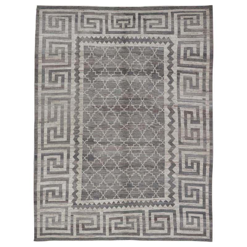 Modern Handmade Blue Greek Key Pattern Beige Oversize Wool Rug For Sale ...