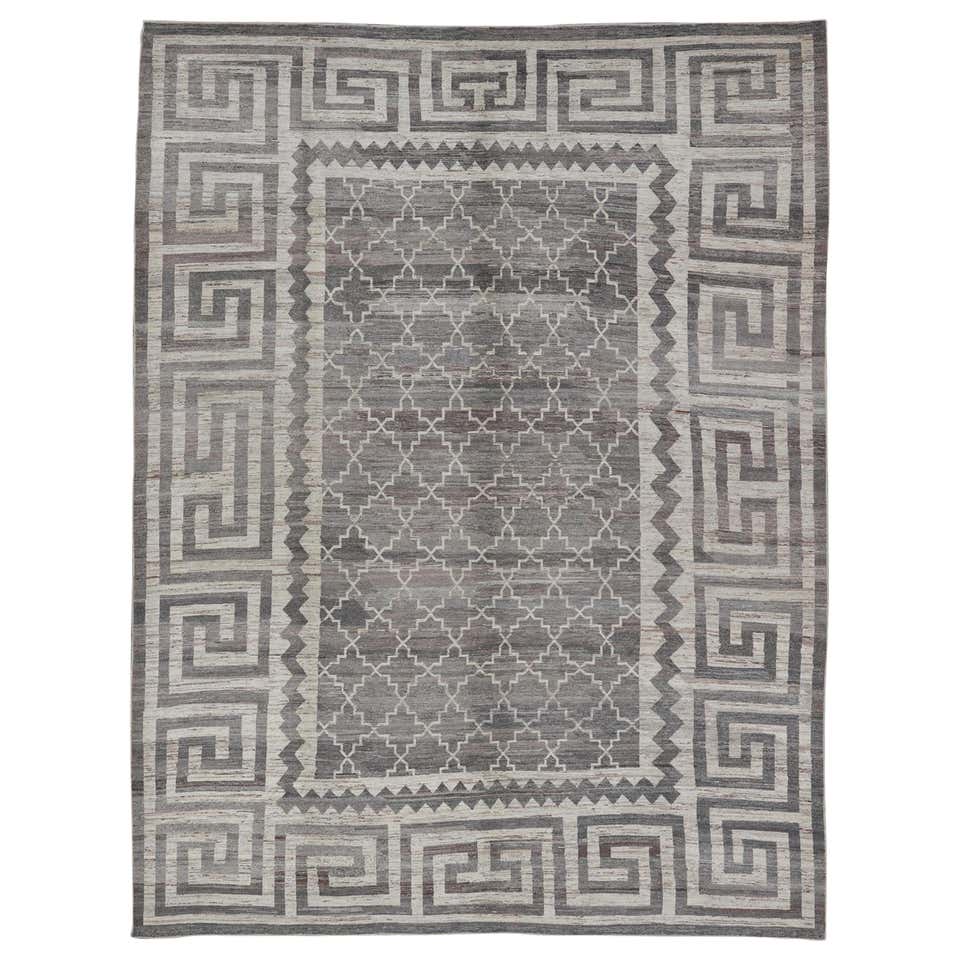 Modern Handmade Blue Greek Key Pattern Beige Oversize Wool Rug For Sale ...