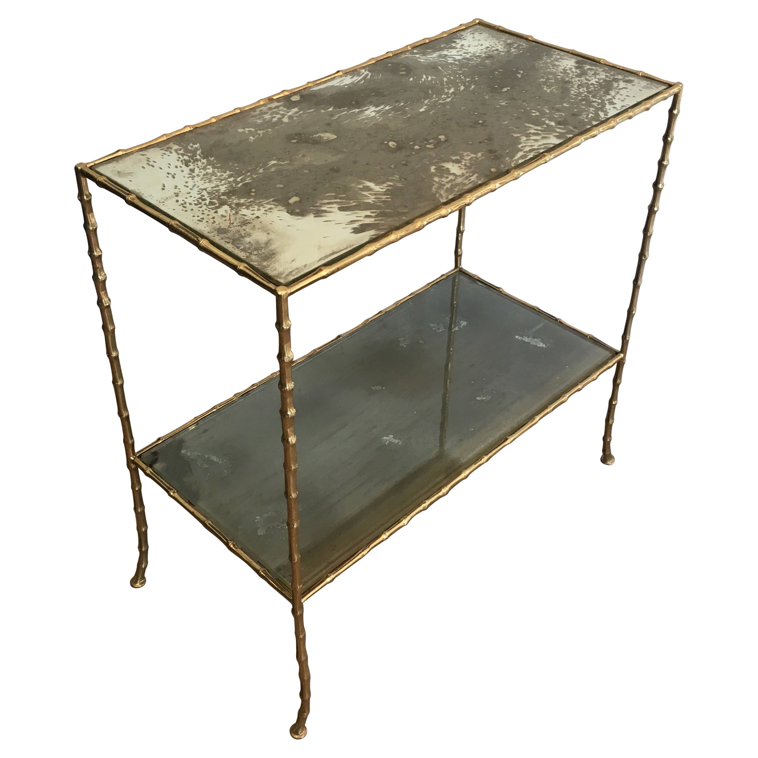 Maison Baguès Faux-Bamboo Bronze Side Table with Eglomized Glass Shelves