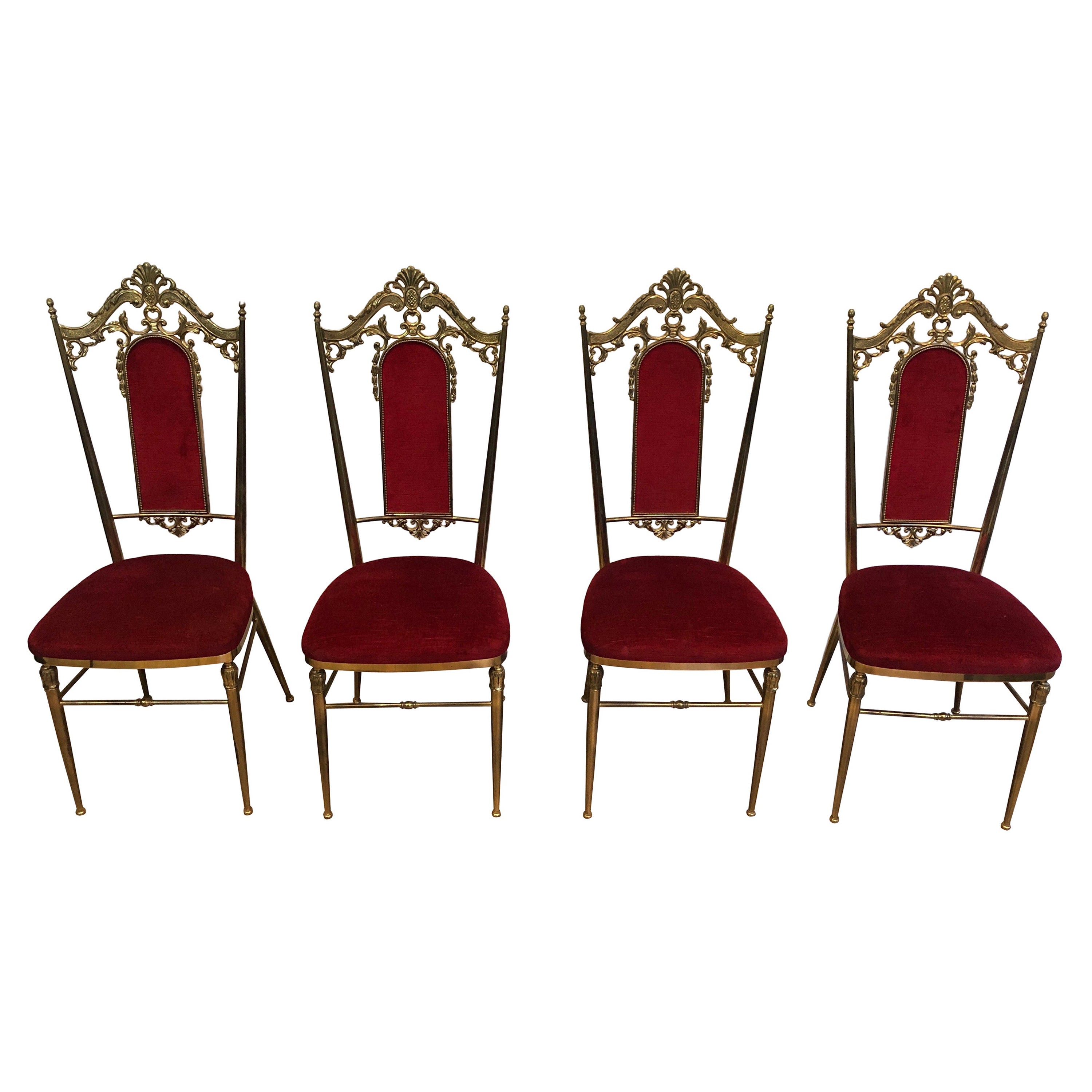 Set of Four Neoclassical Style Brass & Red Velvet Chairs in Maison Jansen Style For Sale