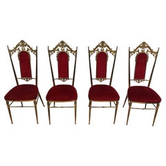 Set of Four Neoclassical Style Brass & Red Velvet Chairs in Maison Jansen Style