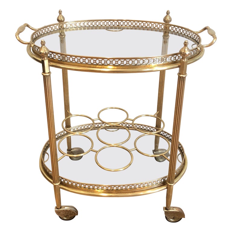 Oval Brass Bar Cart with Removable Top Tray and Bottles Holder by Maison Jansen For Sale