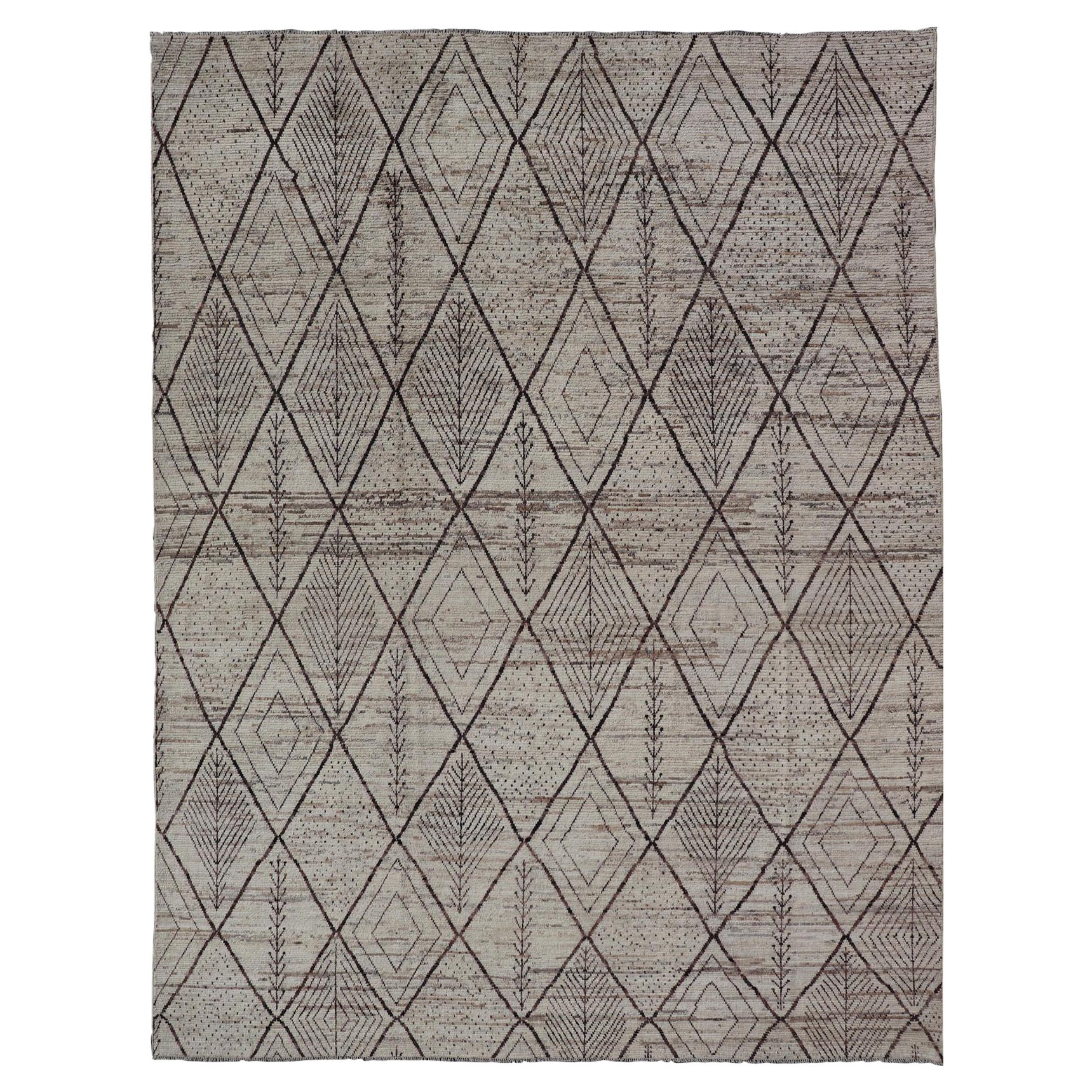 Large Modern Moroccan Hand-Knotted Rug w/ Tribal Diamond Design in Natural Tones For Sale