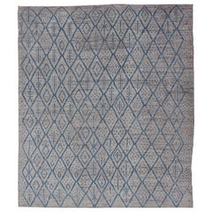 Modern Hand-Knotted Tribal Rug in Wool with Sub-Geometric Design in Blue & Ivory