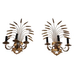 Pair of Decorative Gilt Wheat Wall Sconces, in the Style of Coco Channel