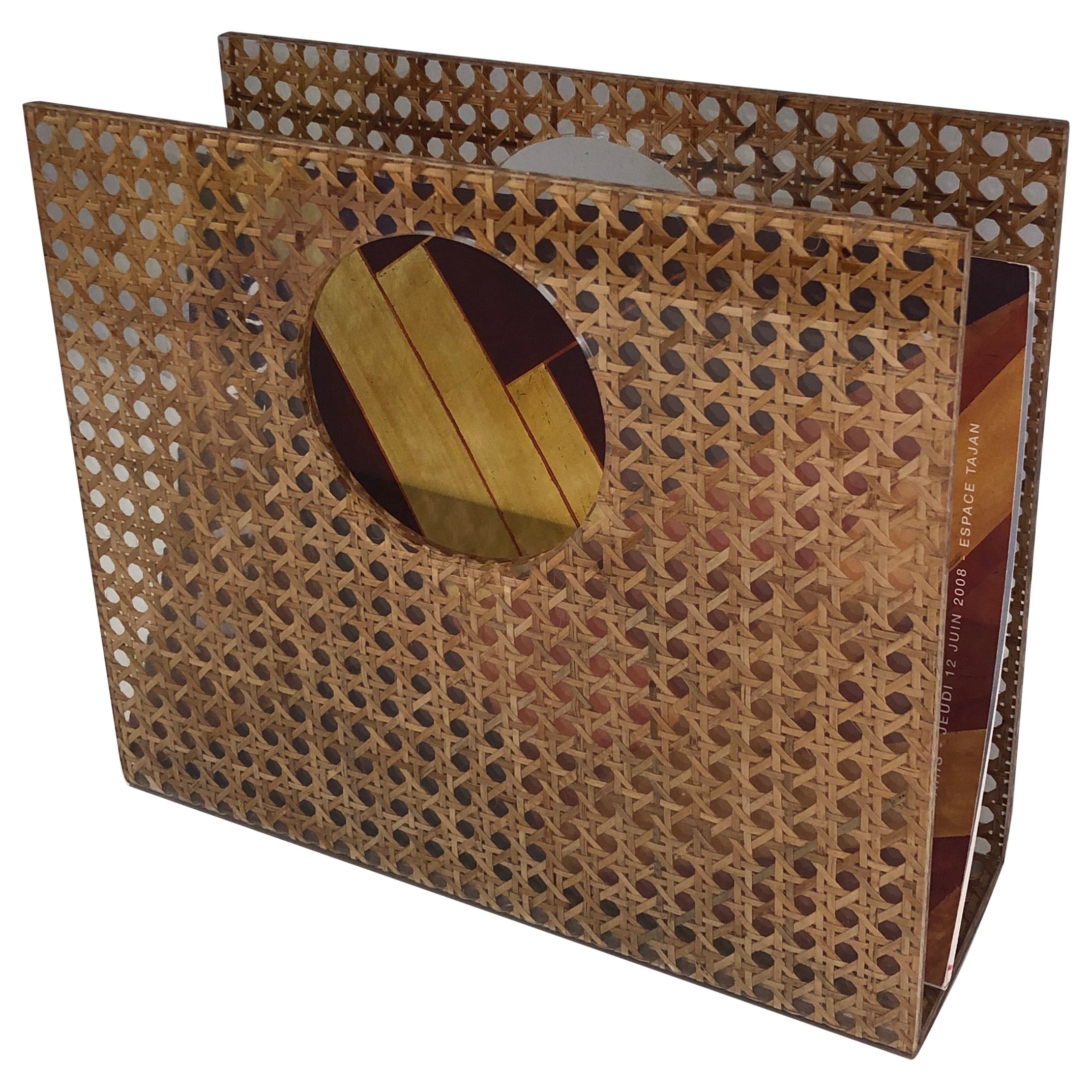 Lucite, Brass & Encrusted Cane Magazine Rack in the Style of C. Dior