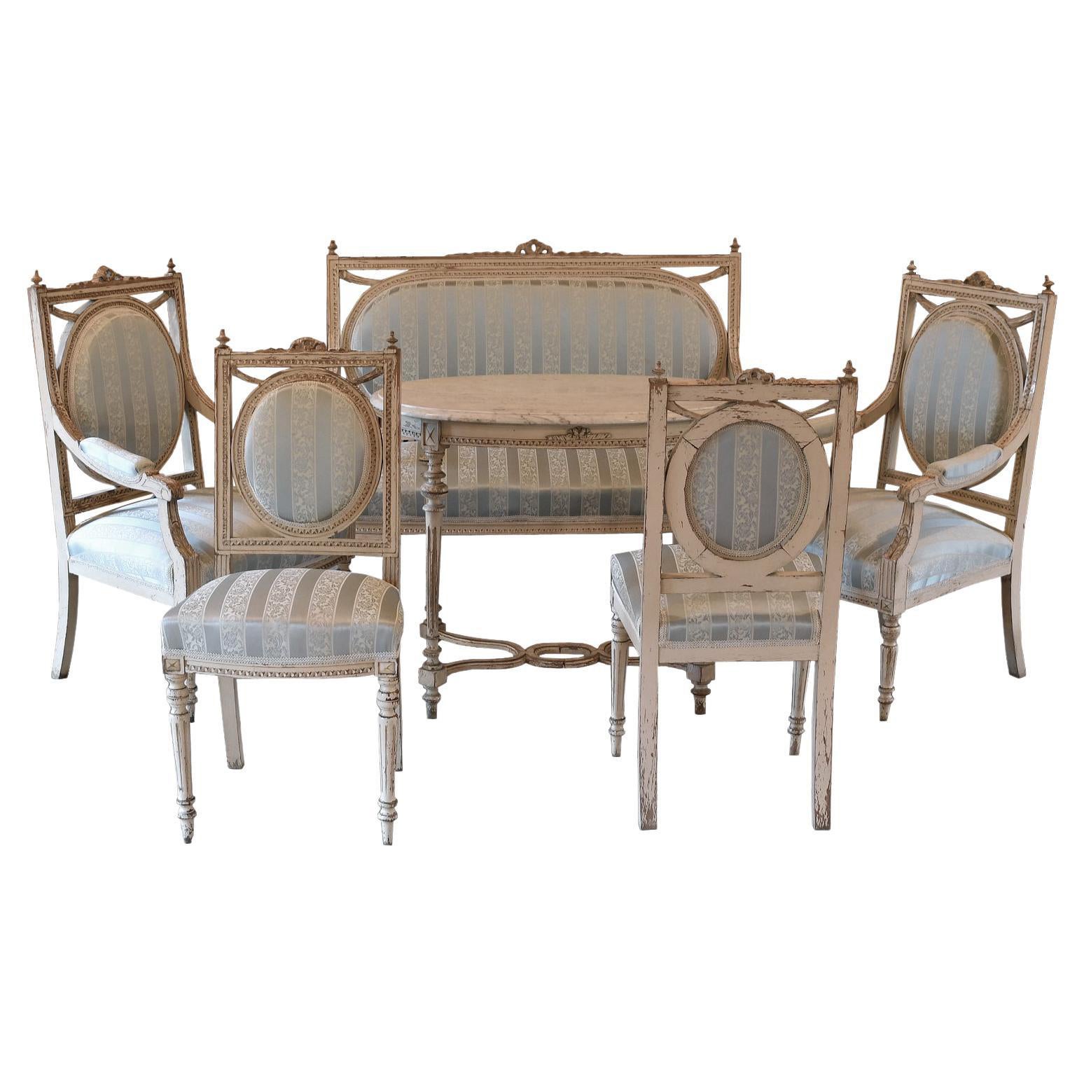 Antique Swedish Louis XVI Style Grey-Painted Suite with Settee, Chairs & Table For Sale