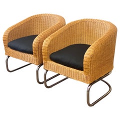 1960s Mid-Century Modern Wicker and Chrome Cantilever Barrel Lounge Chairs