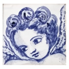 Antique Blue Hand Painted Baroque Cherub or Angel Portuguese Ceramic Tile or Azulejo