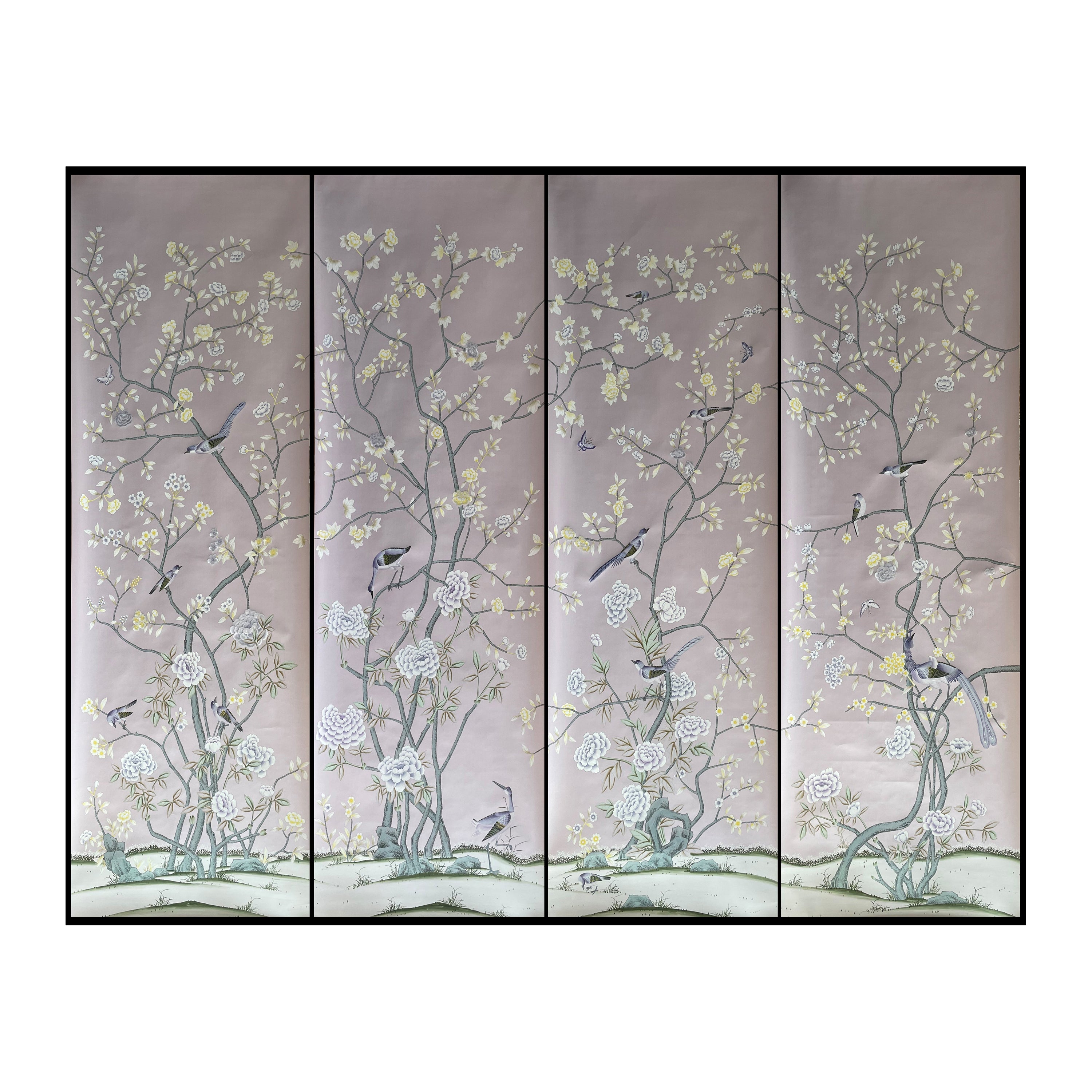 Carta da parati floreale Chinoiserie dipinta a mano su seta viola