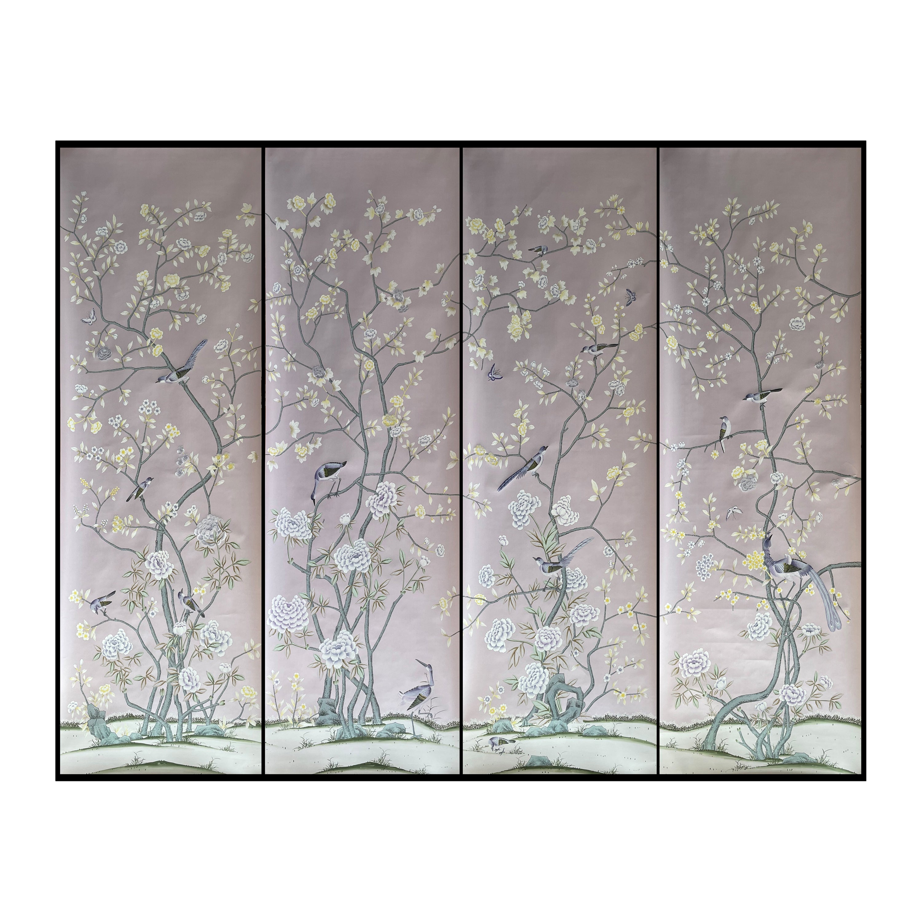 Papier peint à motifs floraux de chinoiseries sur soie violette, peinture à la main