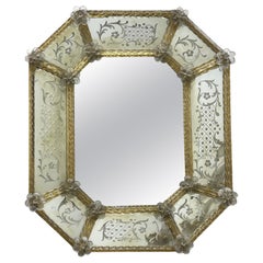Beautiful Murano Glass Wall Mirror Clear and Gold Flakes Glass 1930s, Italy