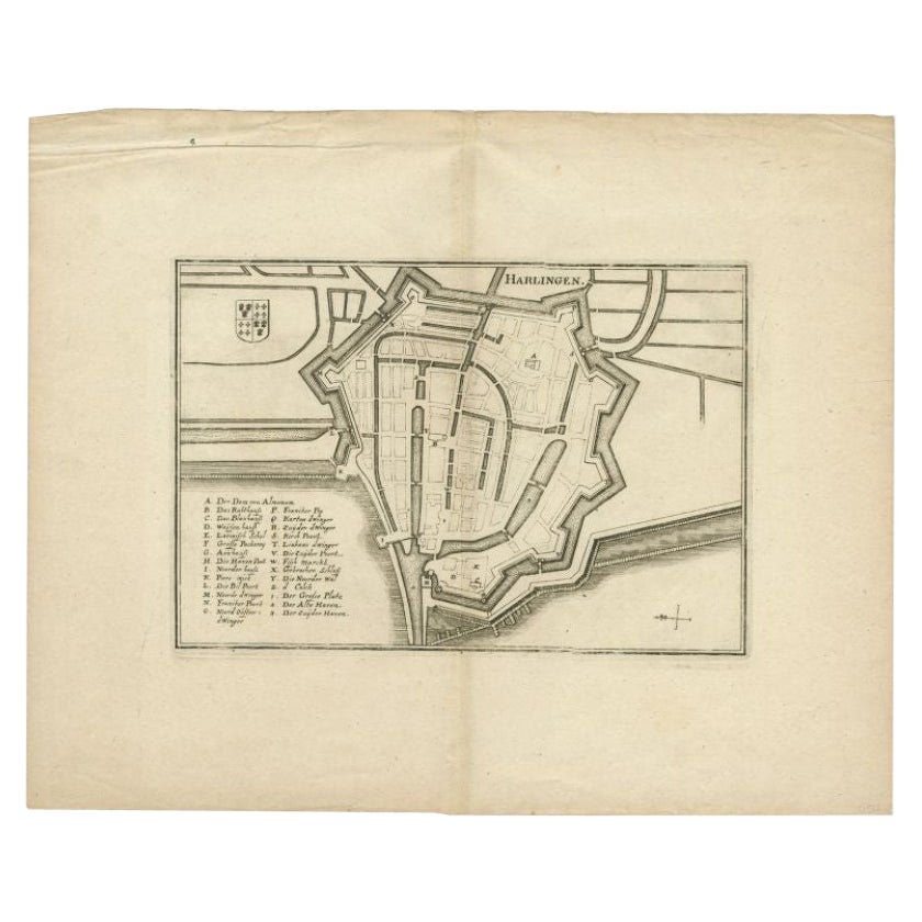 Antique Map of the City of Harlingen by Merian, c.1655 For Sale