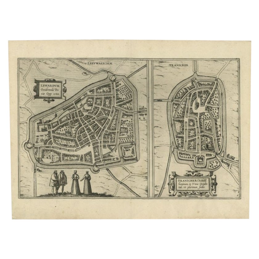 Antike Karte der Stadt Leeuwarden und Franeker von Braun & Hogenberg, 1580
