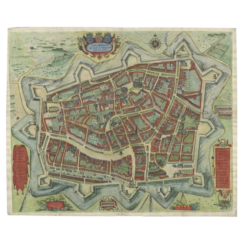 Handkolorierte seltene Karte von Leeuwarden, Hauptstadt Frieslands, Niederlande  1622