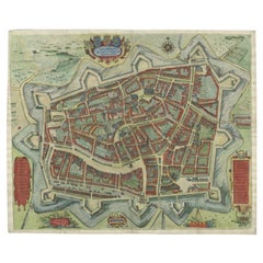 Carte rare colorée à la main de Leeuwarden, capitale du Friesland, Pays-Bas  1622
