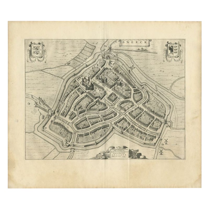 Antike Karte der Stadt Sneek von Blaeu, 1649