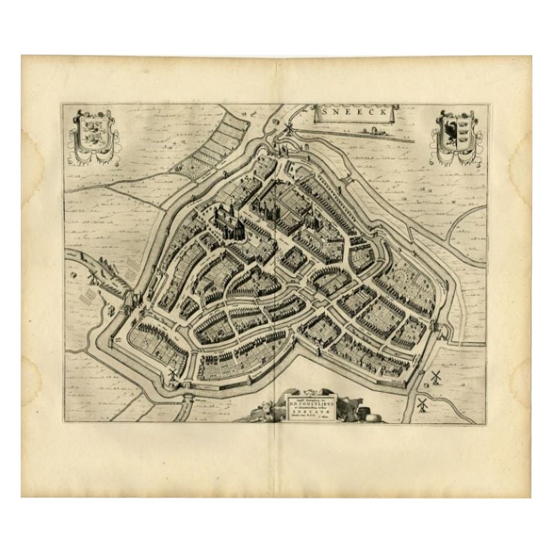Antike Karte der Stadt Sneek von Blaeu, 1652