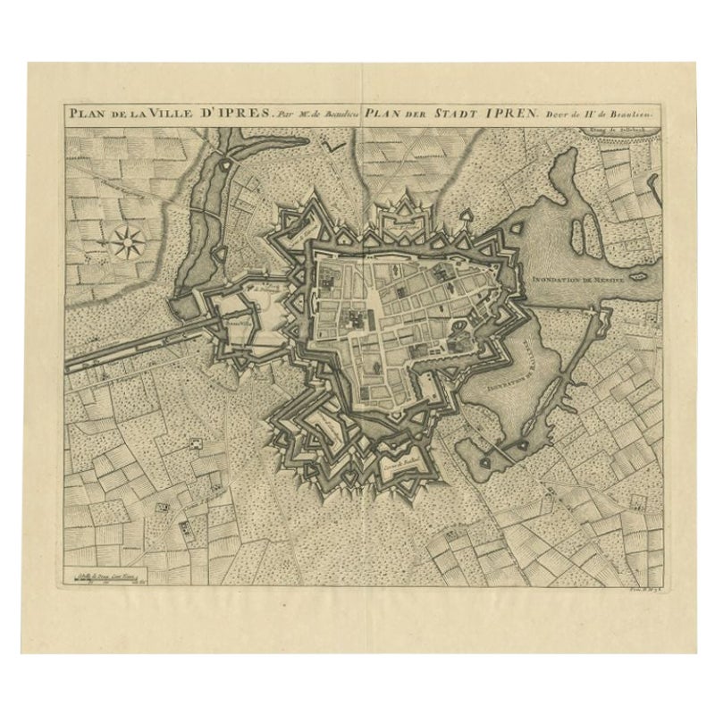 Antique Map of the City of Ypres by Beaulieu, 1729
