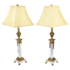 Vintage Pair Corinthian Column Ormolu & Glass Table Lamps Mid 20th Century