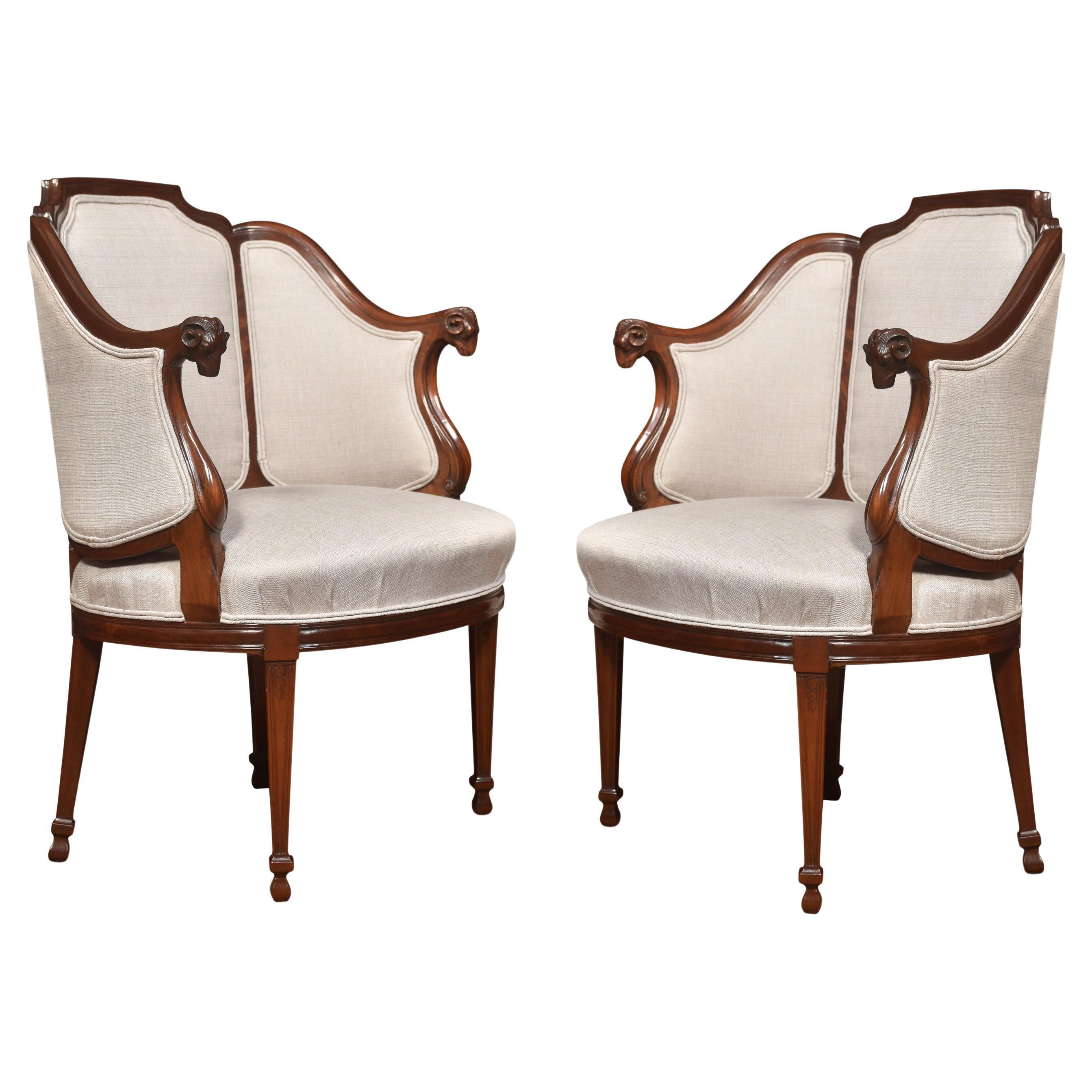Pair of Walnut Framed Tub Armchairs For Sale