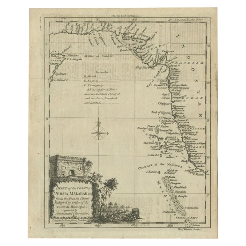 Antique Map of the Coast of Southwest Asia by Kitchin, c.1770 For Sale