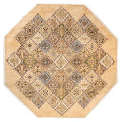Tapis traditionnel Mogul jaune unique fait à la main, unique en son genre