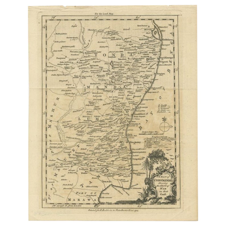 Carte ancienne de la péninsule de Coromandel, 1754 en vente