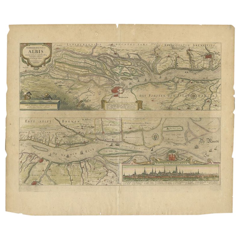 Antike Karte des Flusses Elbe von Janssonius, um 1650