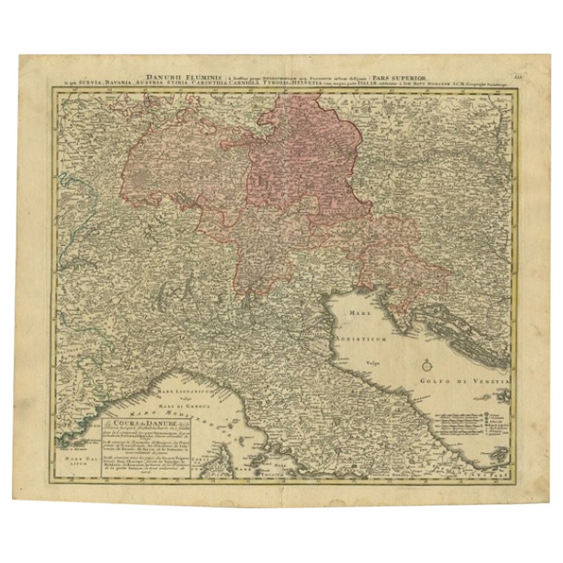 Carte ancienne du fleuve Danube et de ses contours par Homann Heirs, vers 1730 en vente