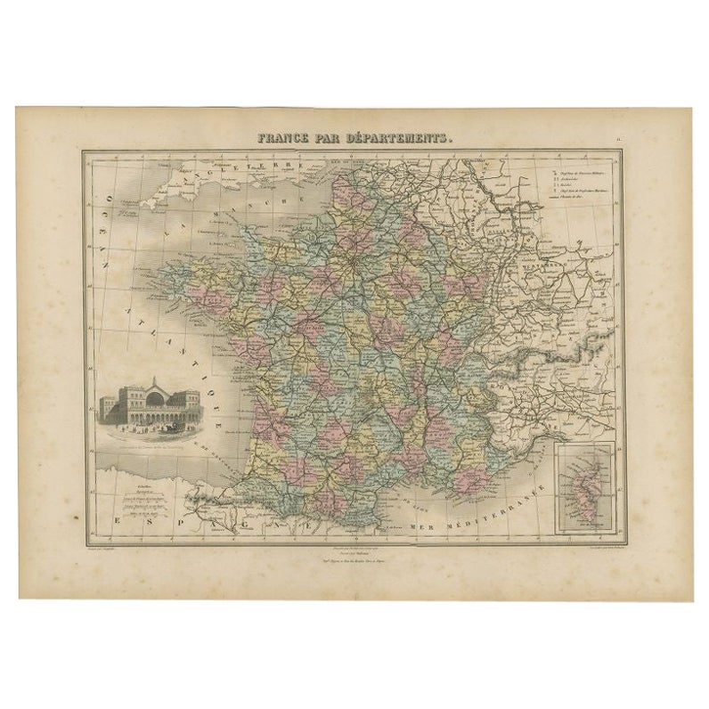 Antike Karte der französischen Departementen von Frankreich von Migeon, 1880