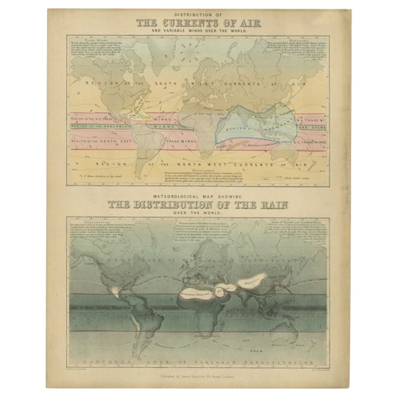 Antique Map of the Distribution of Air and Rain by Reynolds, 1843