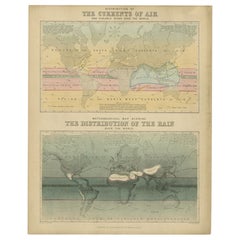 Antike Karte der Verteilung von Luft und Regen von Reynolds, 1843