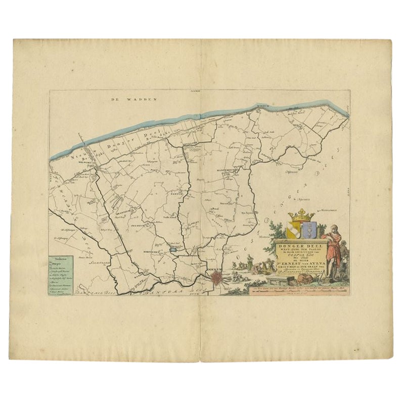Antique map Friesland titled 'Donger Deel West Zyde der Pasens (..)'. Old map of Friesland, the Netherlands. This map depicts the region of Dongeradeel and includes cities and villages like Dokkum, Holwerd and more. With coat of arms of the Van