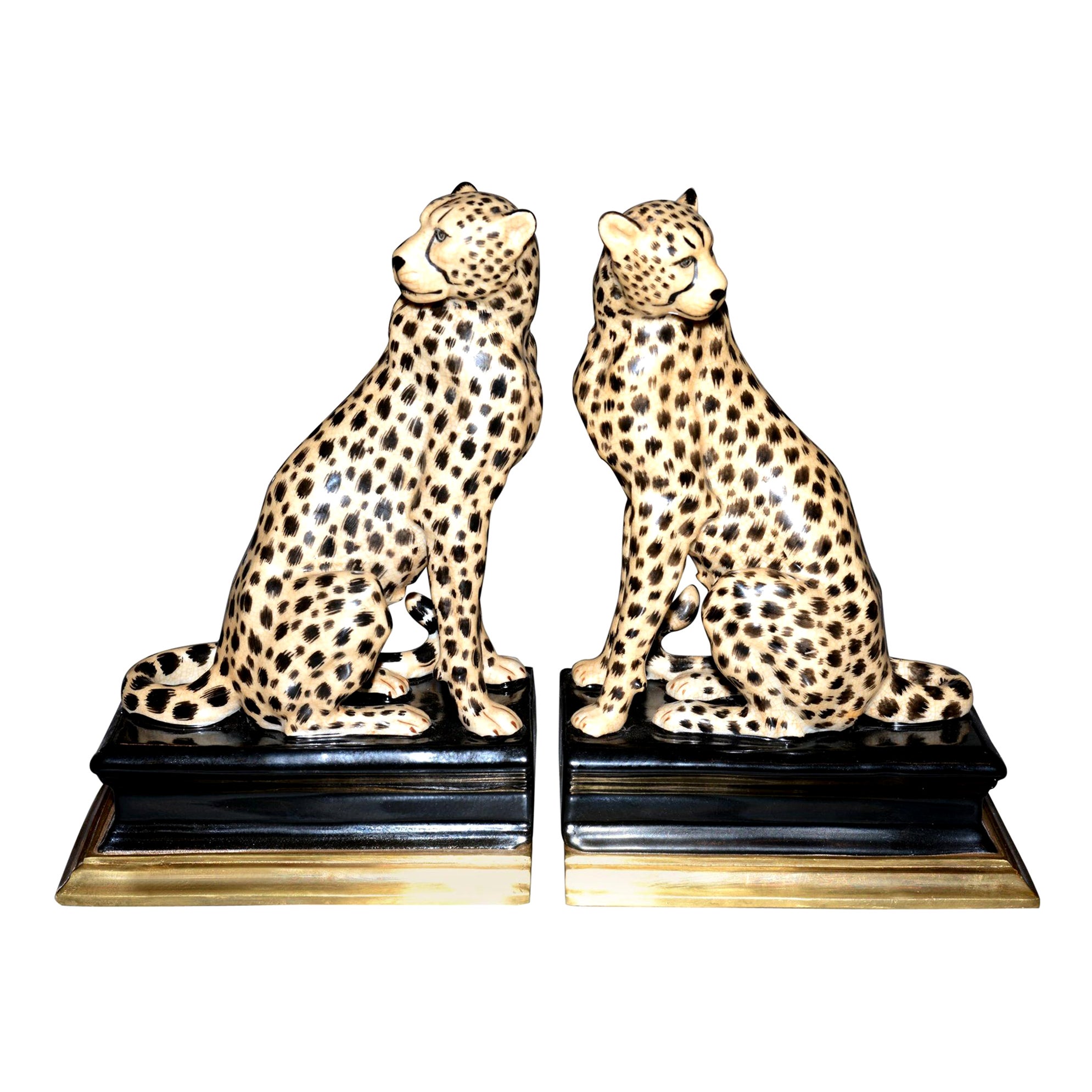Cheetah Bookends Set of Two in Porcelain with Brass Base For Sale