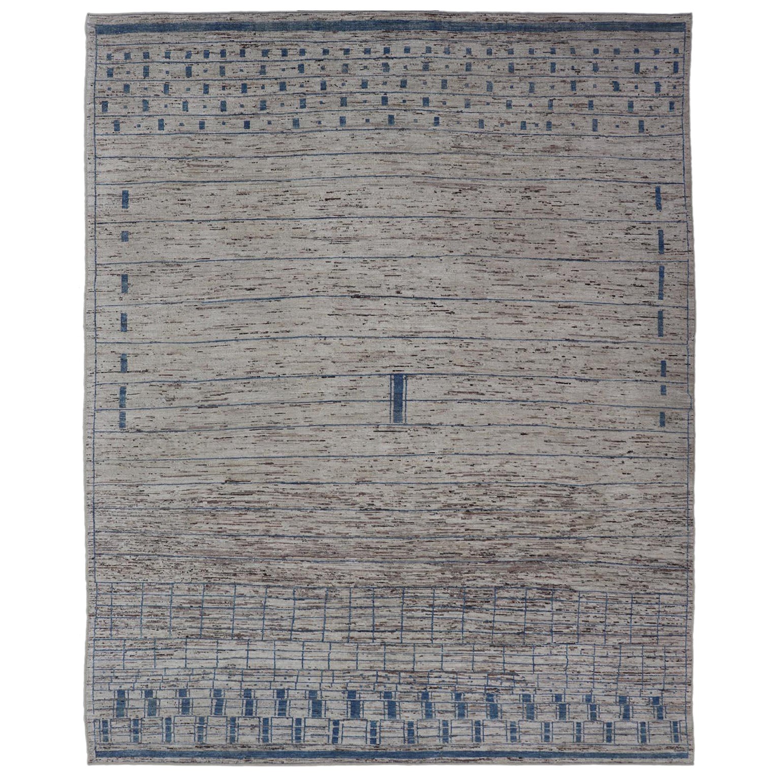 Modern Hand-Knotted Rug in Wool with Sub-Geometric Design in Blue and Cream 