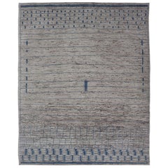 Modern Hand-Knotted Rug in Wool with Sub-Geometric Design in Blue and Cream 