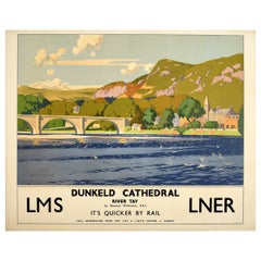 Original Vintage Poster Dunkeld Kathedrale Fluss Tay LMS LNER Eisenbahn Reisekunst, Original