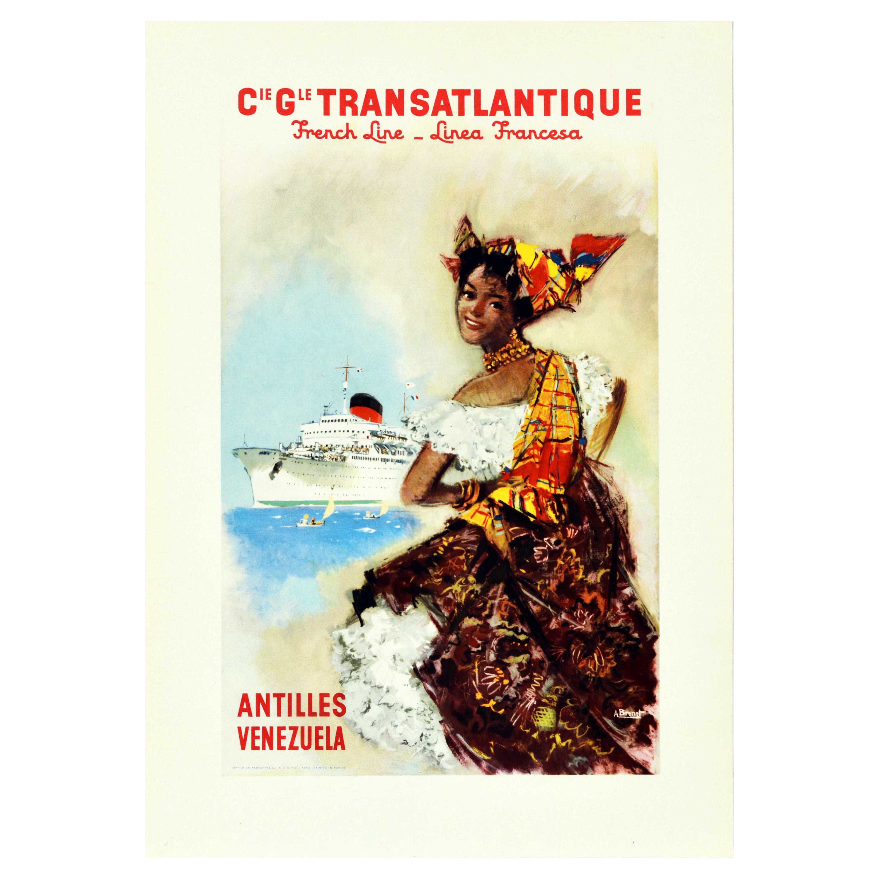 Original Vintage Travel Poster Transatlantique French Line Antilles Venezuela