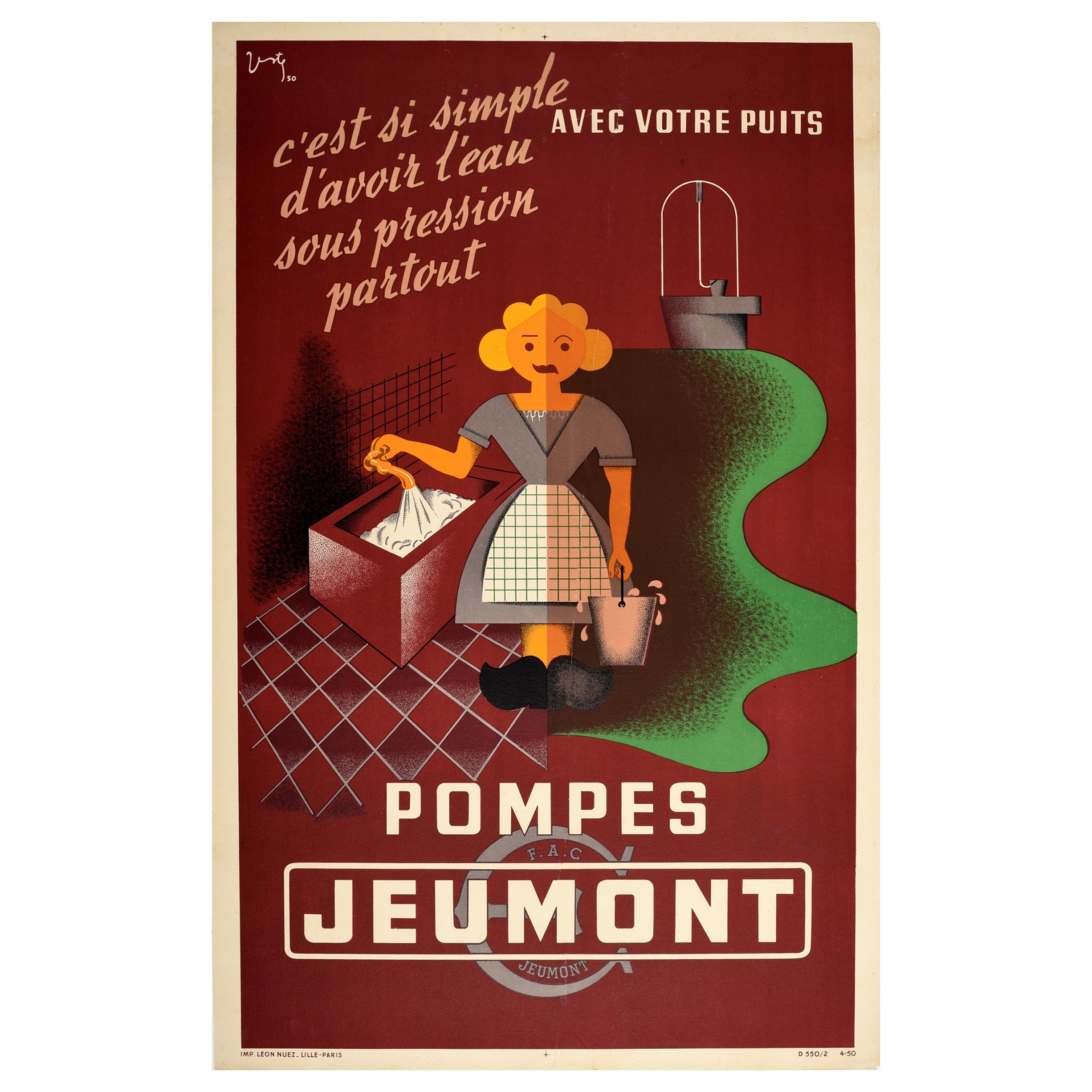 Original Vintage Advertising Poster Pompes Jeumont Water Pumps Modernist Design For Sale