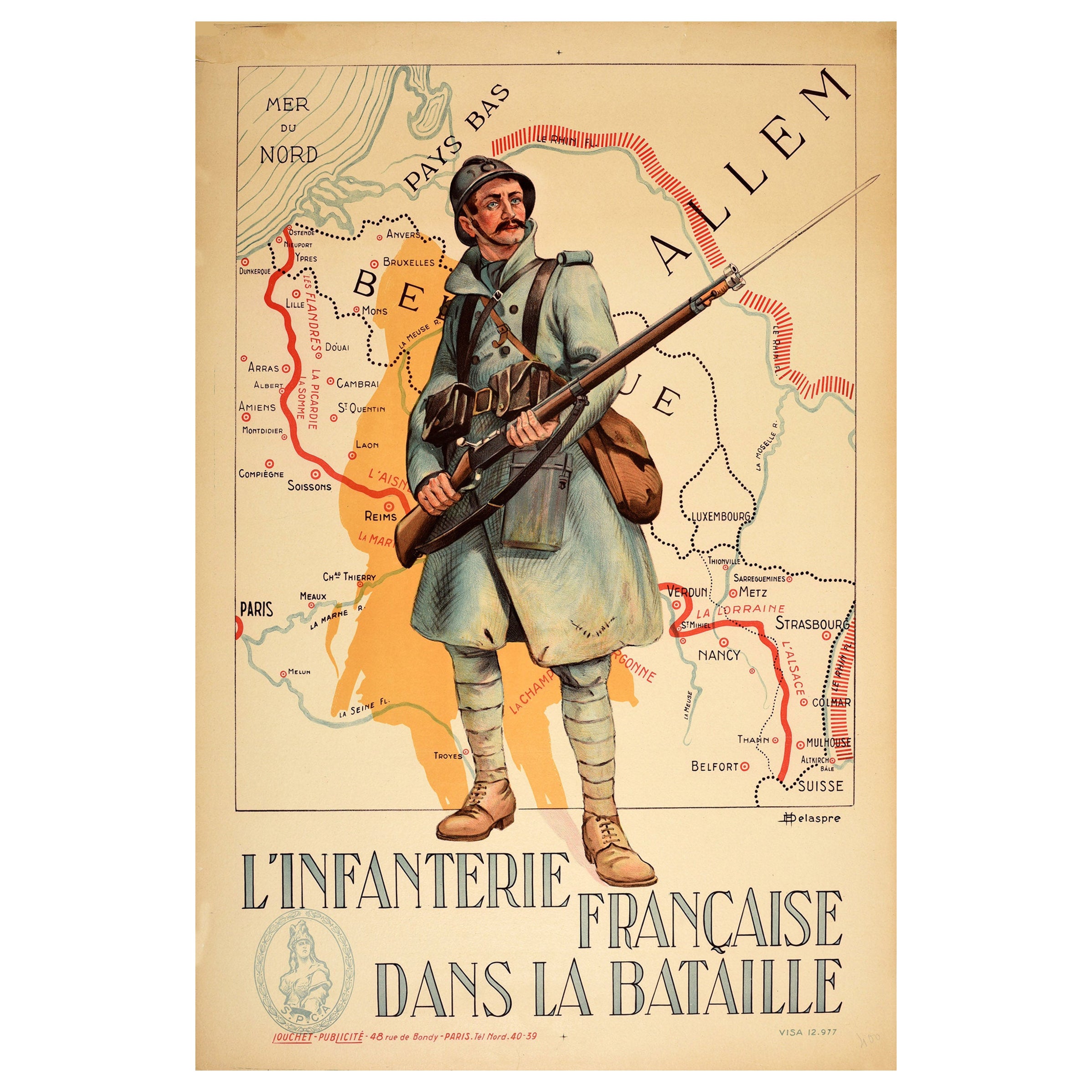 Original Antique Poster French Infantry In Battle WWI Hindenburg Line Europe Map For Sale