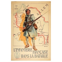 Original Antique Poster French Infantry In Battle WWI Hindenburg Line Europe Map