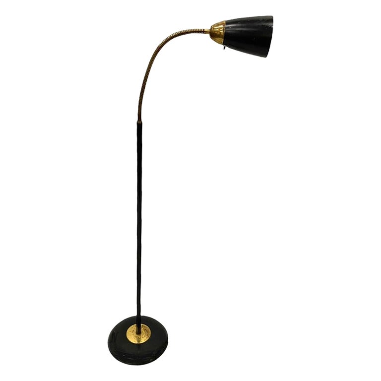 Gooseneck Floor Lamp with Brass Trim For Sale at 1stDibs