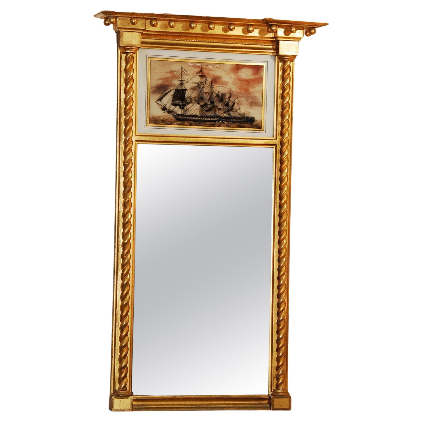 American Federal Gold Leaf Mirror with Eglomise Battle Scene from War of 1812