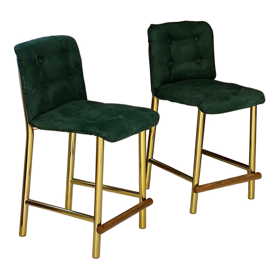 Green Velvet Counter Top Chair with Brass Wood Details For Sale