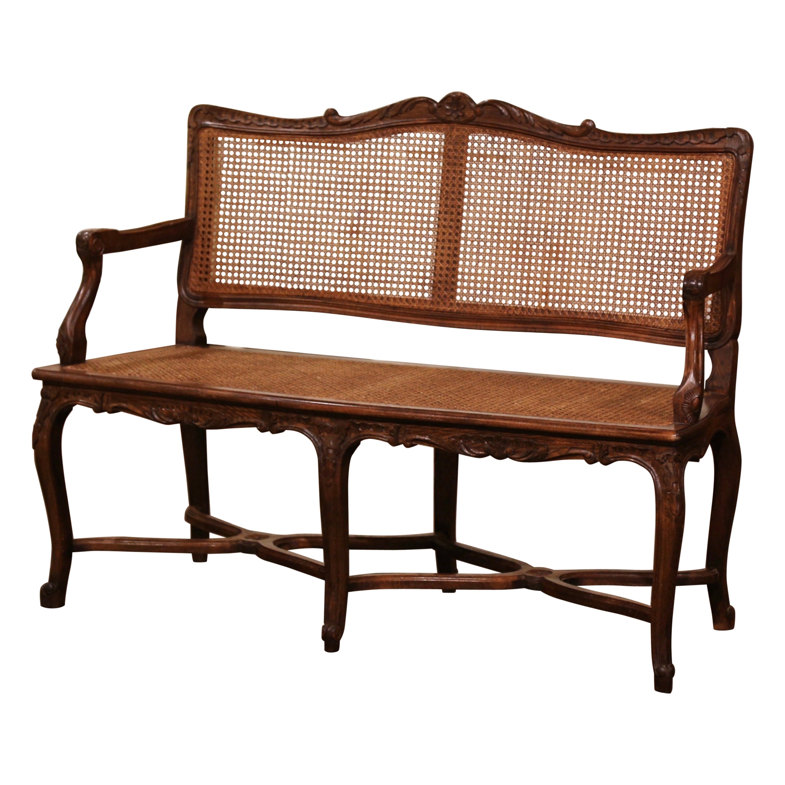 Mid-Century French Louis XV Carved Beech Wood and Cane Six-Leg Settee Bench